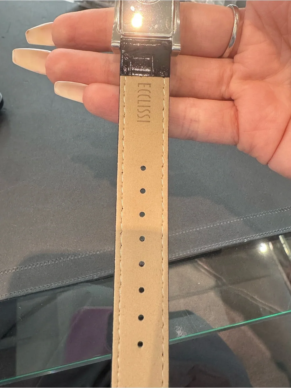 New Eclissi Stainless Steel Rectangular Watch with Black Leather Strap